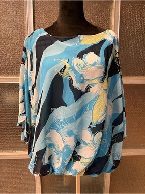 JM Collection Blue Floral Boatneck Chiffon Blouse